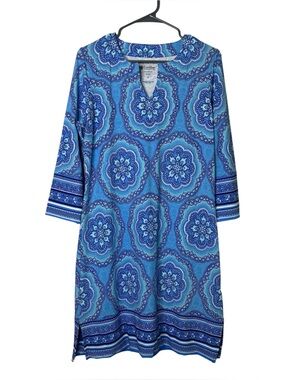 Coolibar UPF 50+ Blue Oceanside Tunic Dress Small Coastal Bohemian 3/4 Sleeve
